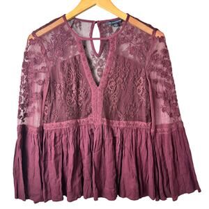 American Eagle Top Boho Lace Gauze Viscose Womens Small Hippie Babydoll Burgundy